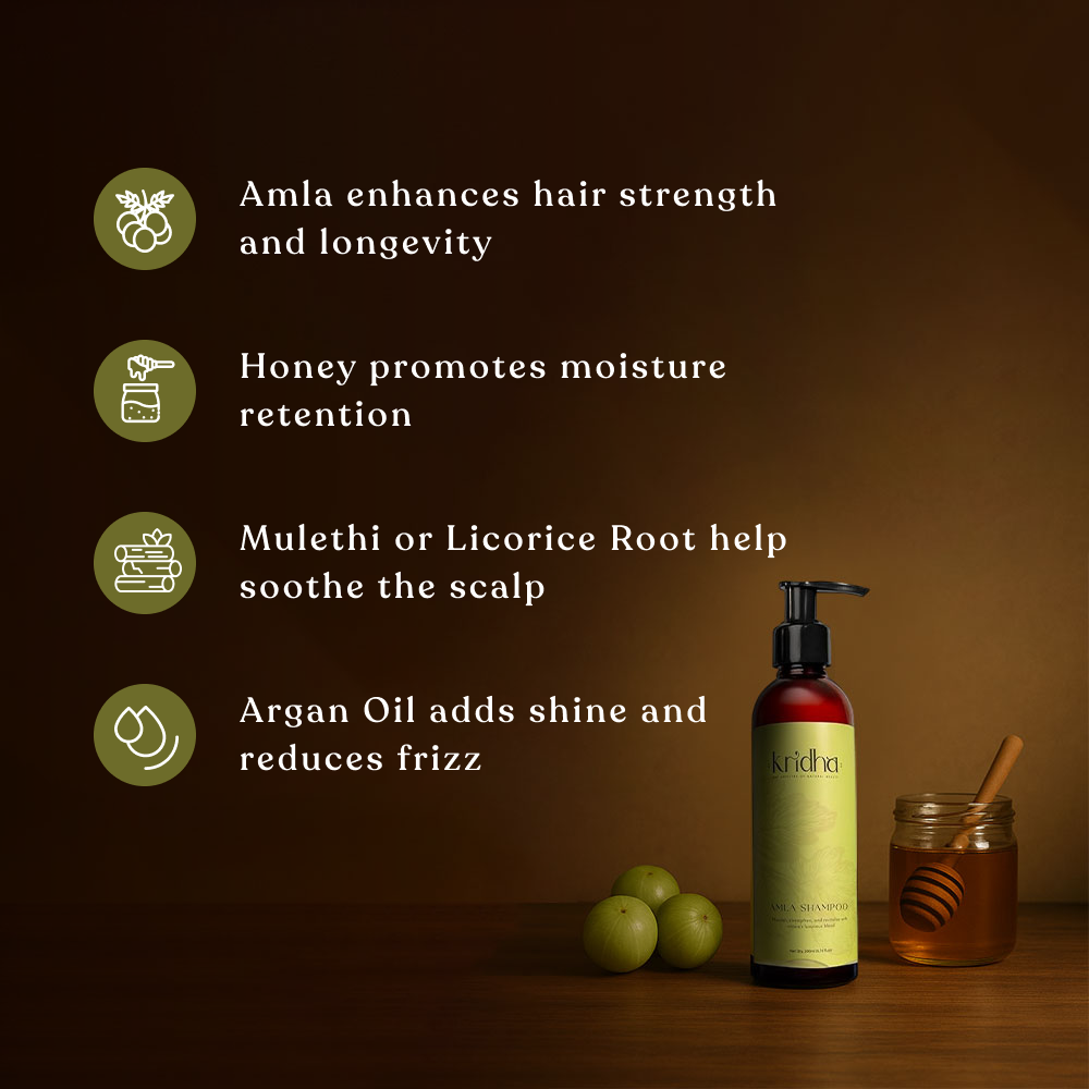 Kridha Amla Shampoo with Honey & Mulethi | Hair Fall Control & Frizz Care | Nourishing Shampoo for Dry, Damaged Hair | Unisex, Sulfate-Free, Daily Use Hair Cleanser.
